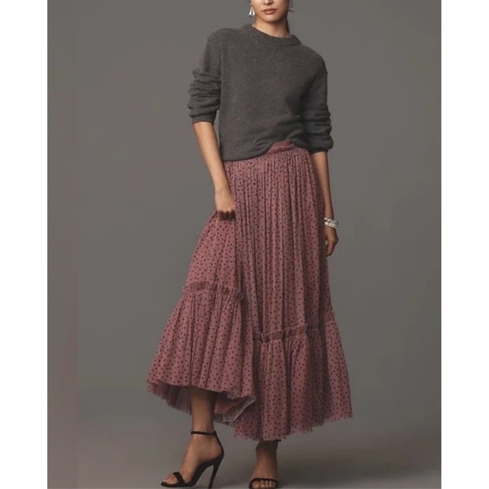 Maeve Anthropologie Pink Rose Polka Dot Tulle Maxi Skirt L NWT Tiered Mesh Boho